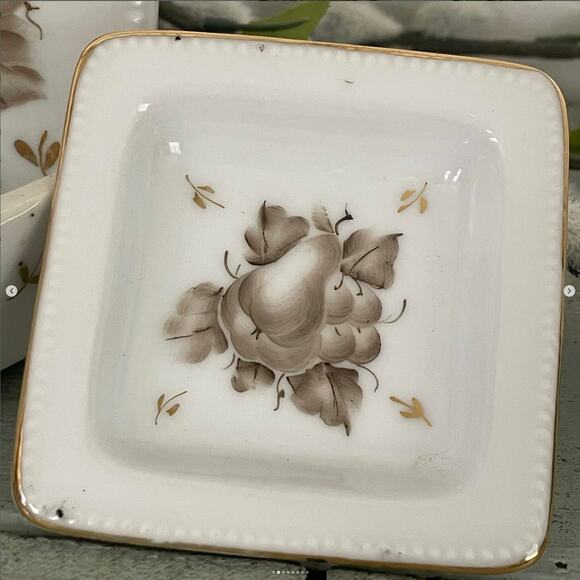 Vintage Coaster Trinket Box Brown Hand Painted Fruit Flower Square Porcelain - Picture 2 of 8